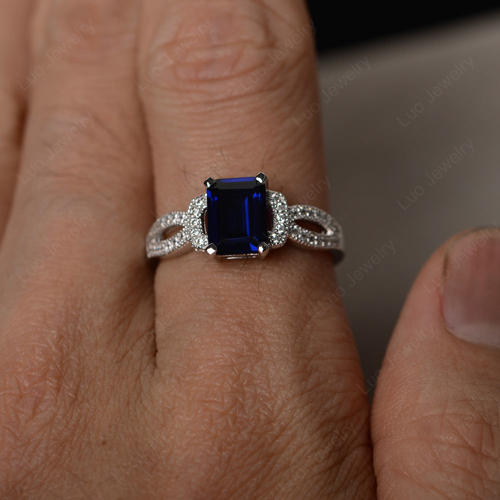 Emerald Cut Lab Sapphire Ring Art Deco - LUO Jewelry