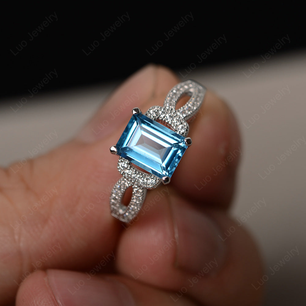 Emerald Cut Swiss Blue Topaz Ring Art Deco - LUO Jewelry