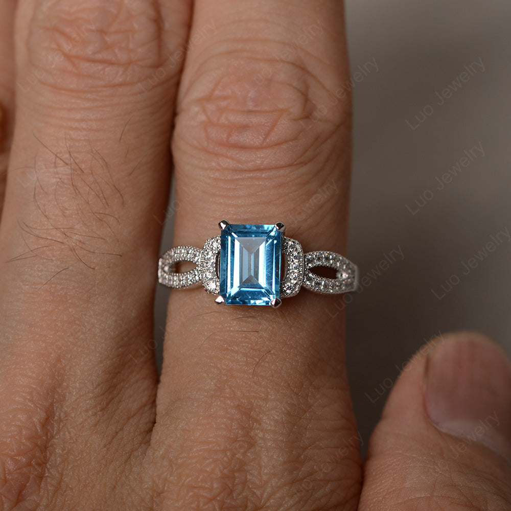 Emerald Cut Swiss Blue Topaz Ring Art Deco - LUO Jewelry