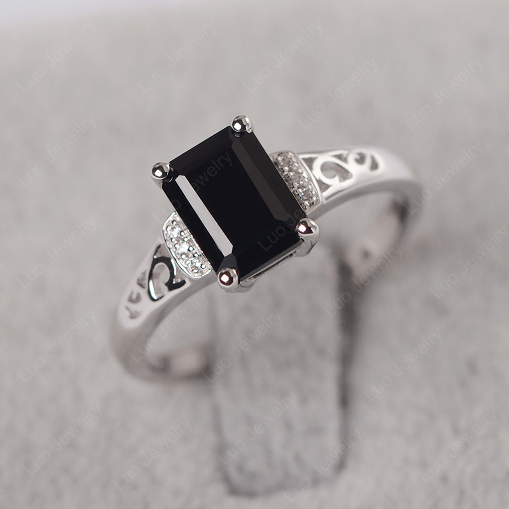 Emerald Cut Art Deco Black Spinel Engagement Ring - LUO Jewelry