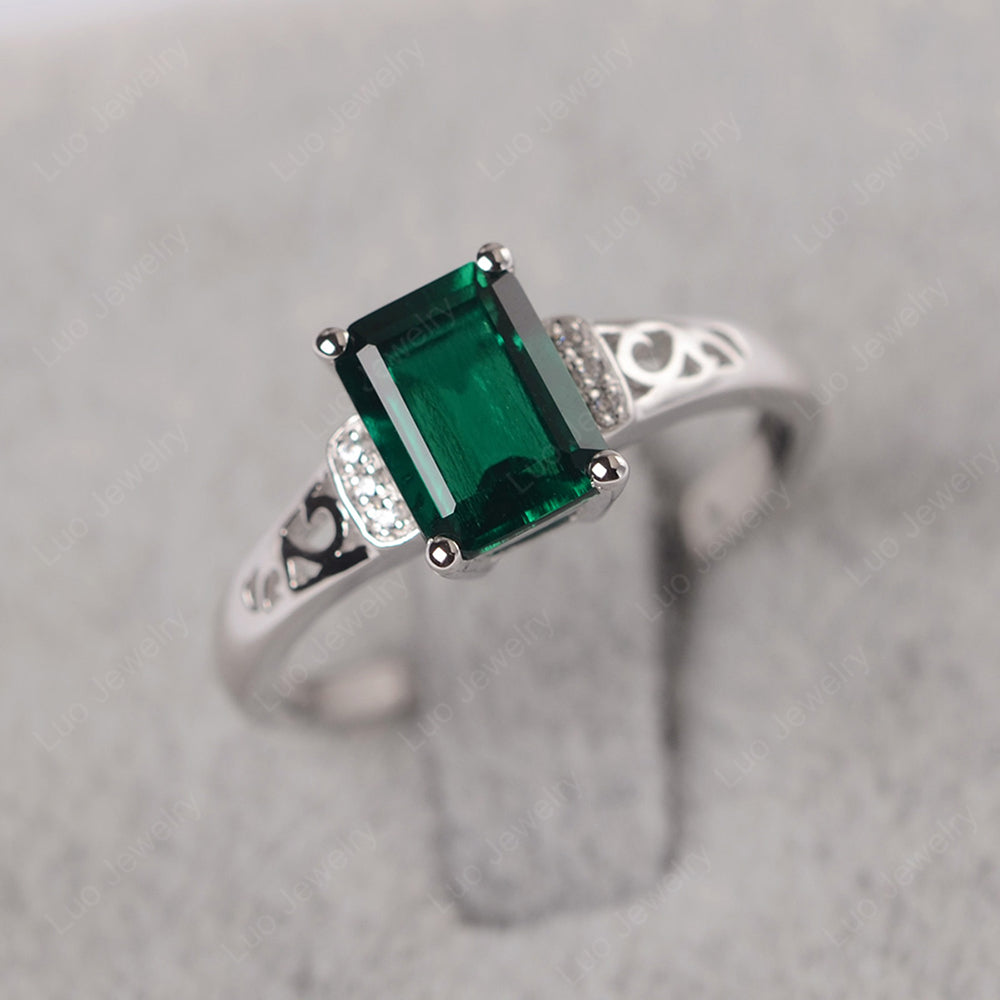 Emerald Cut Art Deco Lab Emerald Engagement Ring - LUO Jewelry