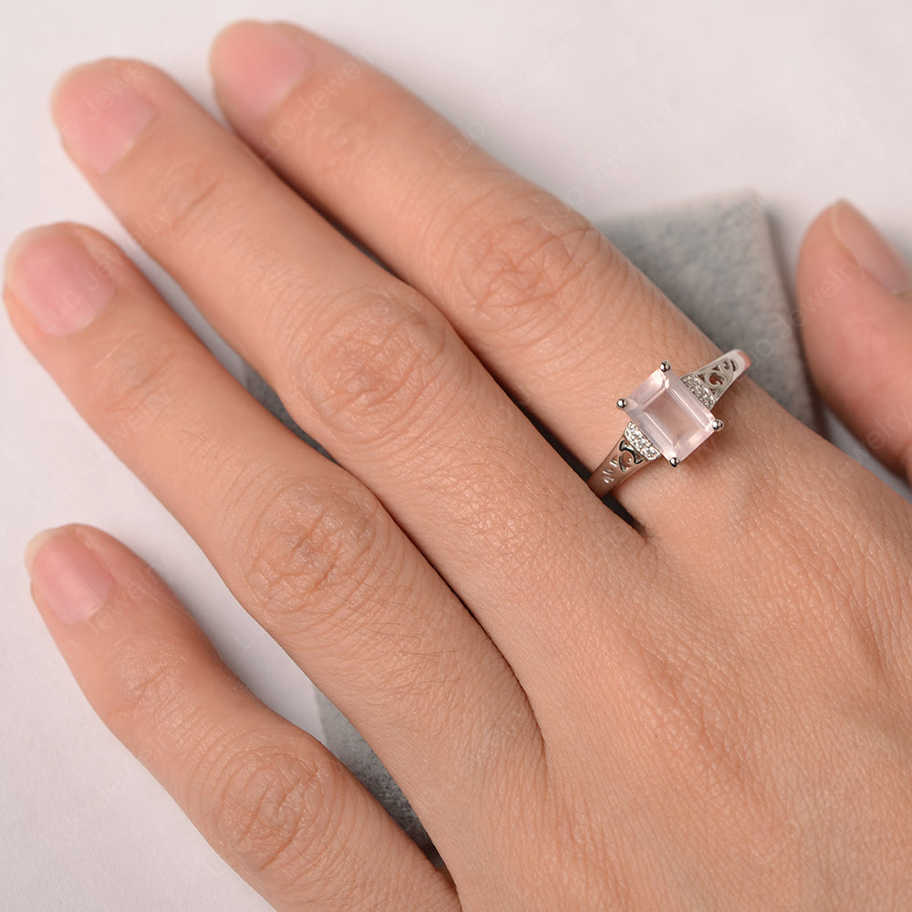 Emerald Cut Art Deco Rose Quartz Engagement Ring - LUO Jewelry