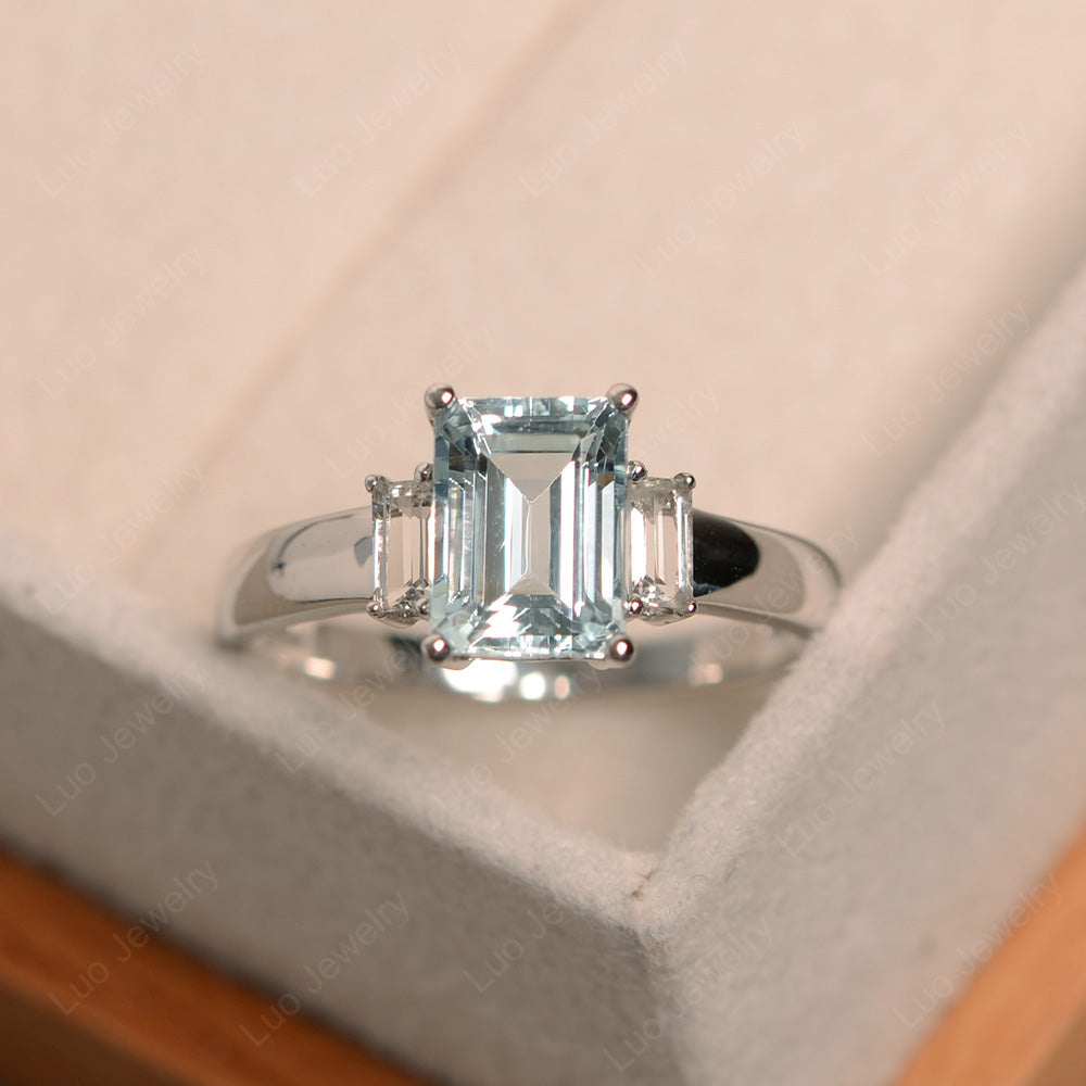 Emerald Cut Aquamarine Ring With Baguette - LUO Jewelry