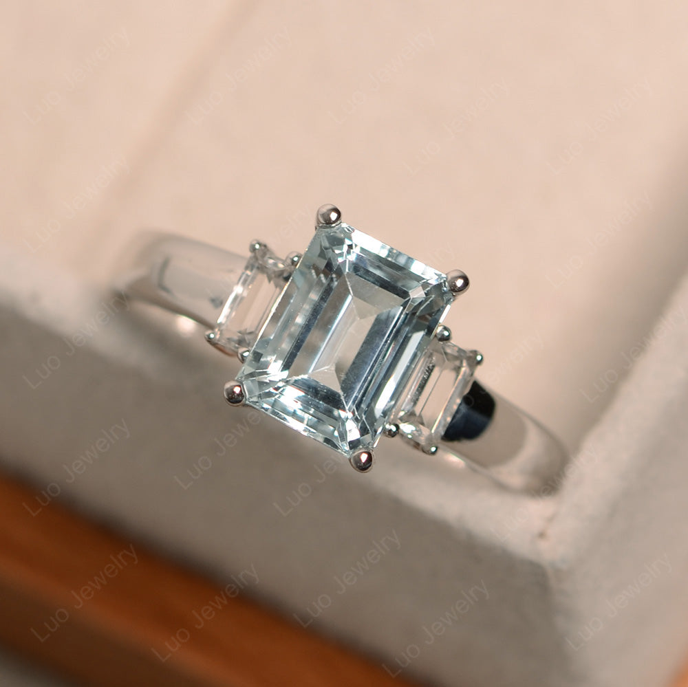 Emerald Cut Aquamarine Ring With Baguette - LUO Jewelry