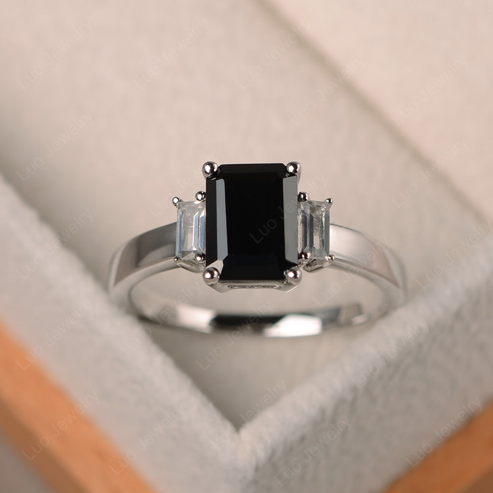 Emerald Cut Black Spinel Ring With Baguette - LUO Jewelry