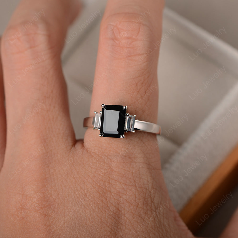 Emerald Cut Black Spinel Ring With Baguette - LUO Jewelry