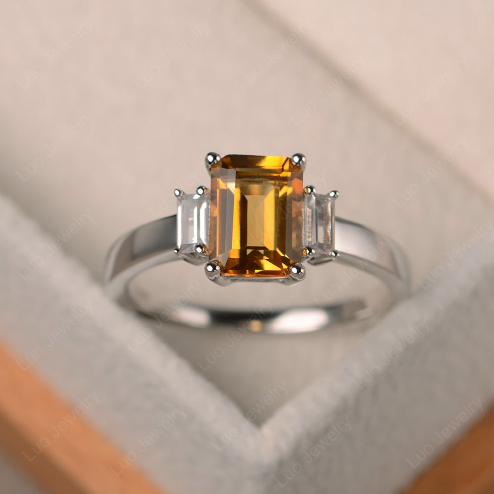 Emerald Cut Citrine Ring With Baguette - LUO Jewelry