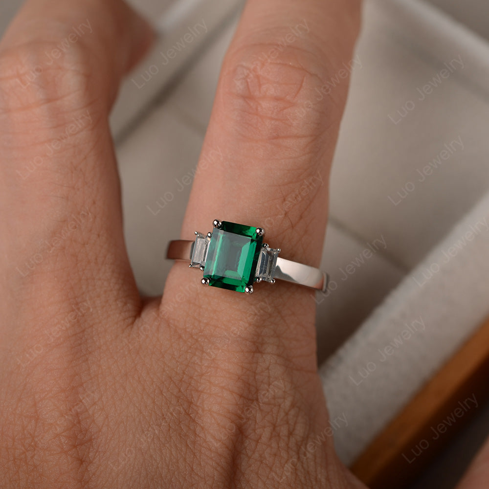 Emerald Cut Lab Emerald Ring With Baguette - LUO Jewelry