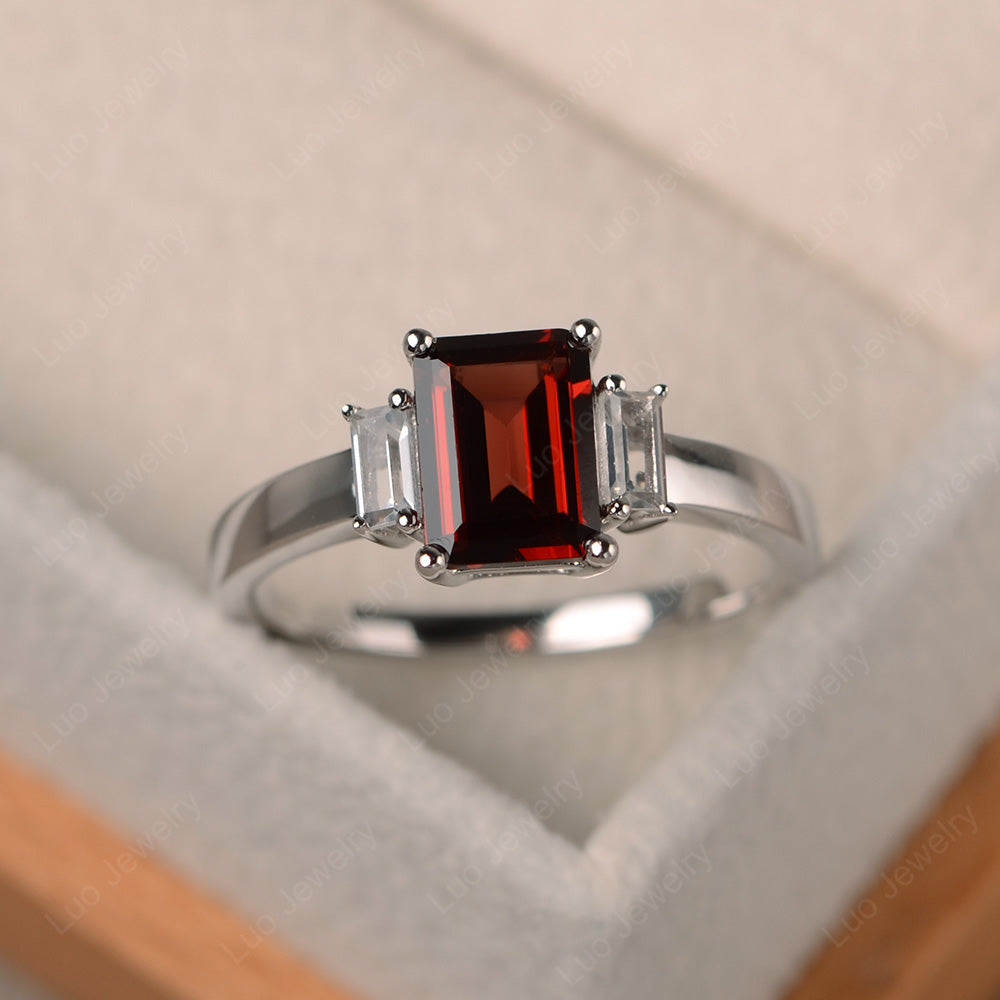 Emerald Cut Garnet Ring With Baguette - LUO Jewelry