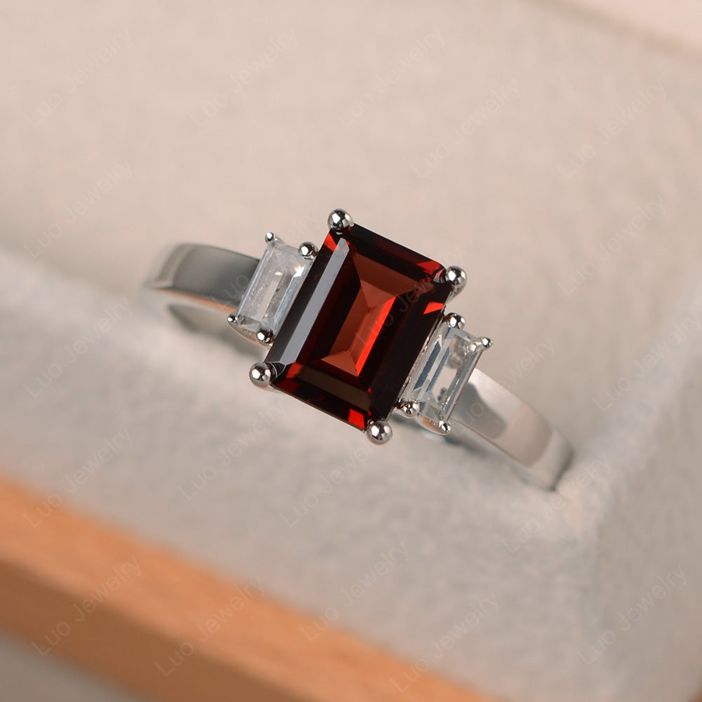Emerald Cut Garnet Ring With Baguette - LUO Jewelry