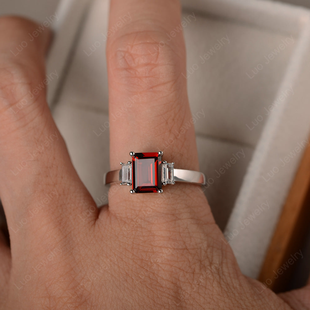 Emerald Cut Garnet Ring With Baguette - LUO Jewelry