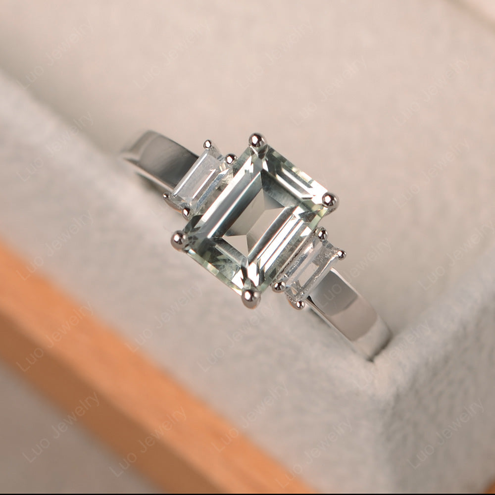 Emerald Cut Green Amethyst Ring With Baguette - LUO Jewelry