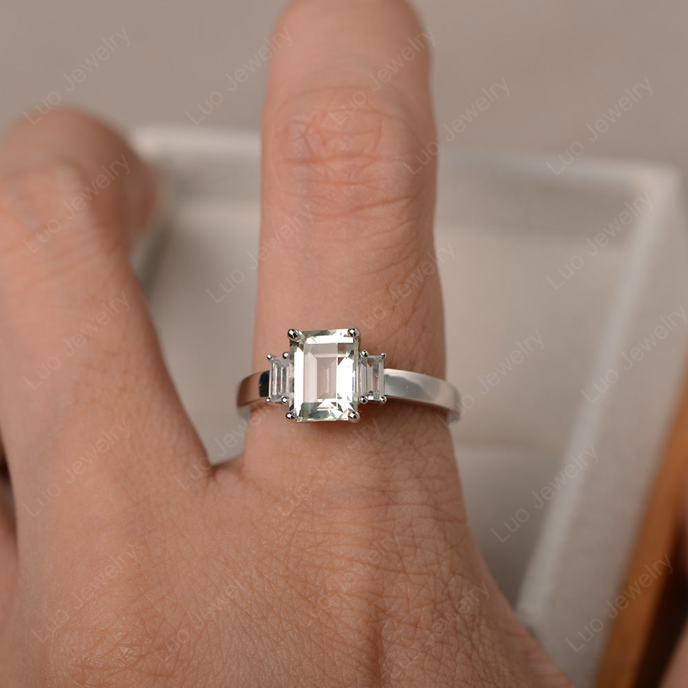 Emerald Cut Green Amethyst Ring With Baguette - LUO Jewelry