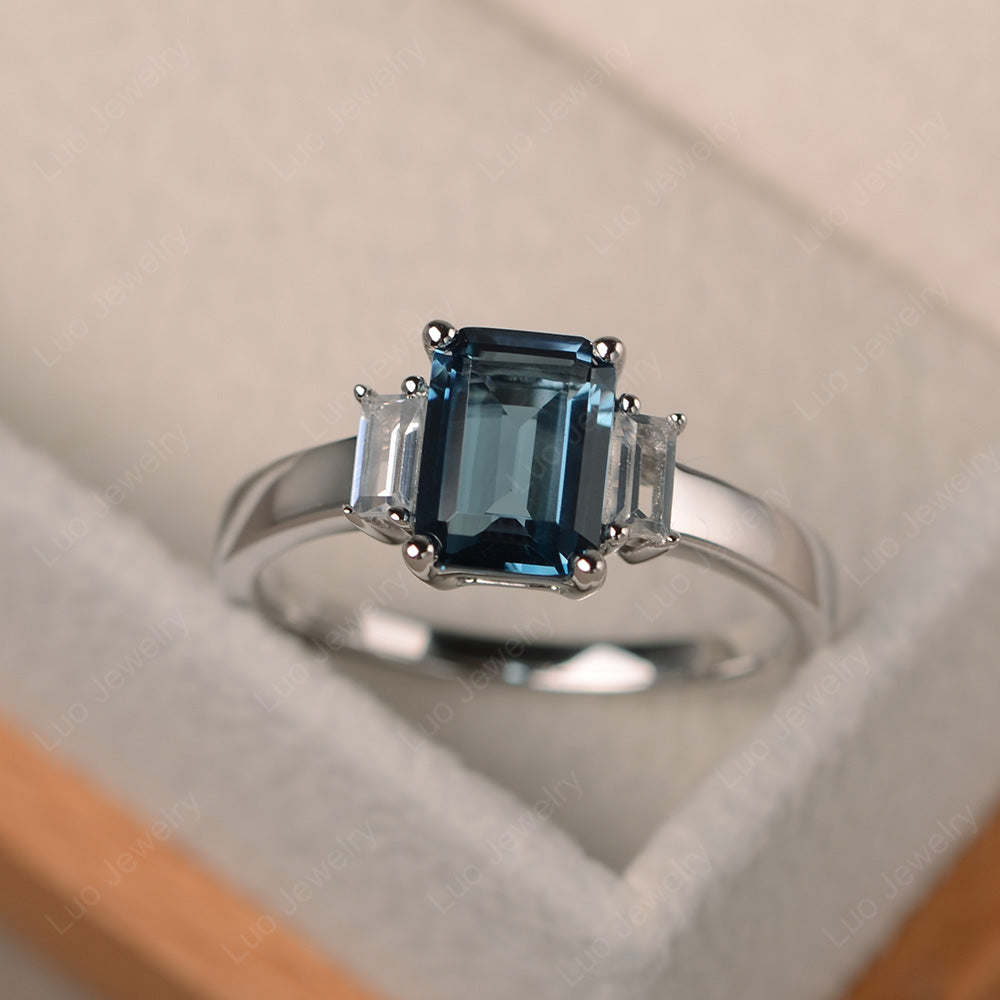 Emerald Cut London Blue Topaz Ring With Baguette - LUO Jewelry