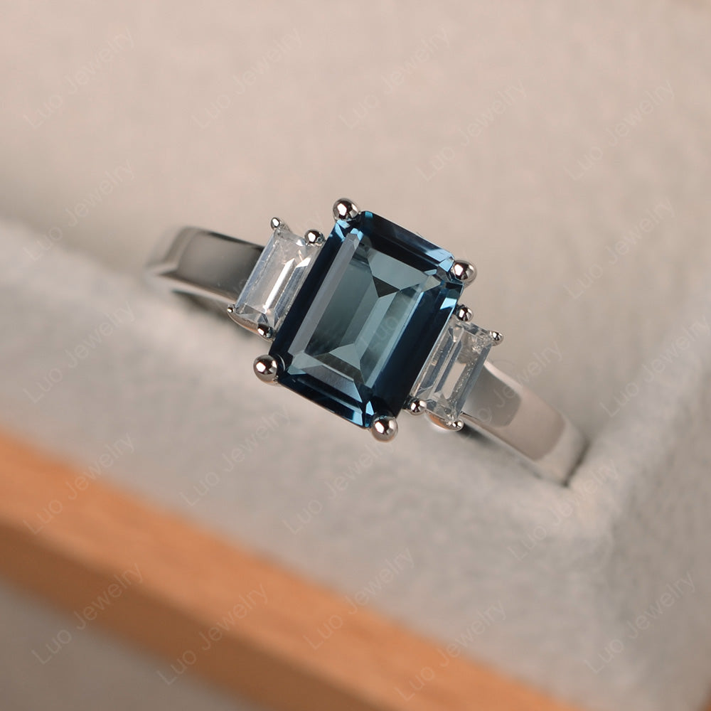 Emerald Cut London Blue Topaz Ring With Baguette - LUO Jewelry