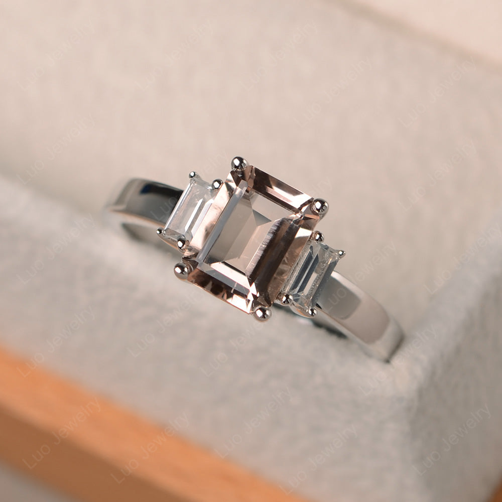 Emerald Cut Morganite Ring With Baguette - LUO Jewelry