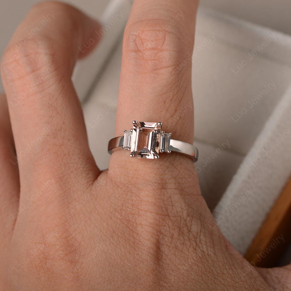 Emerald Cut Morganite Ring With Baguette - LUO Jewelry