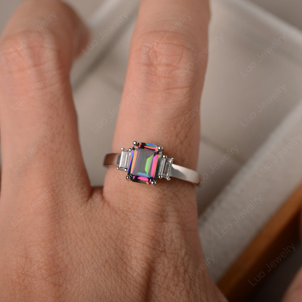 Emerald Cut Mystic Topaz Ring With Baguette - LUO Jewelry