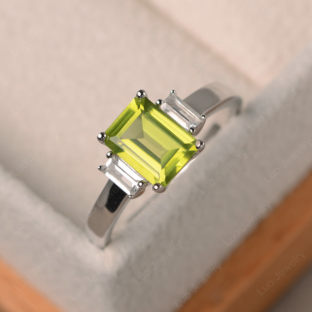 Emerald Cut Peridot Ring With Baguette - LUO Jewelry