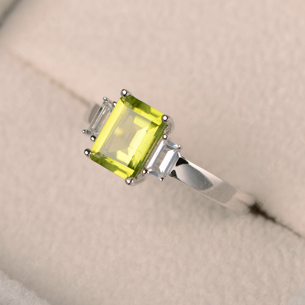 Emerald Cut Peridot Ring With Baguette - LUO Jewelry