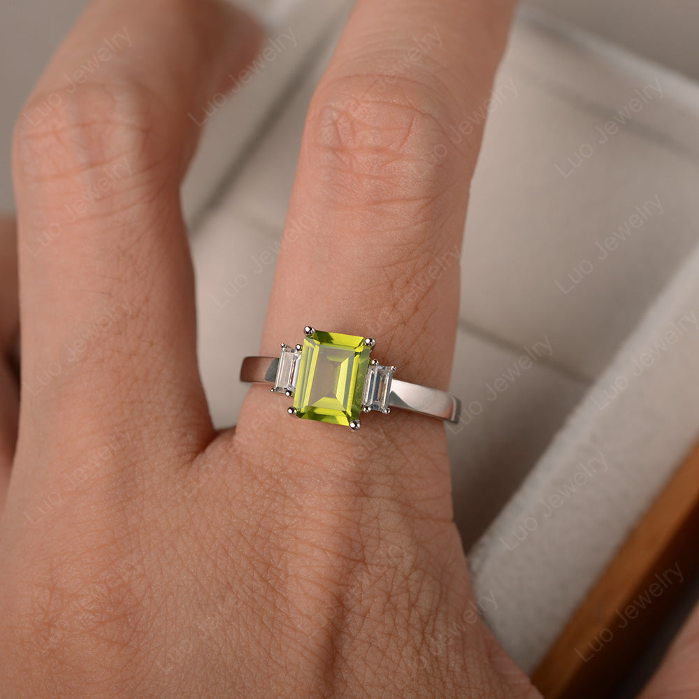 Emerald Cut Peridot Ring With Baguette - LUO Jewelry