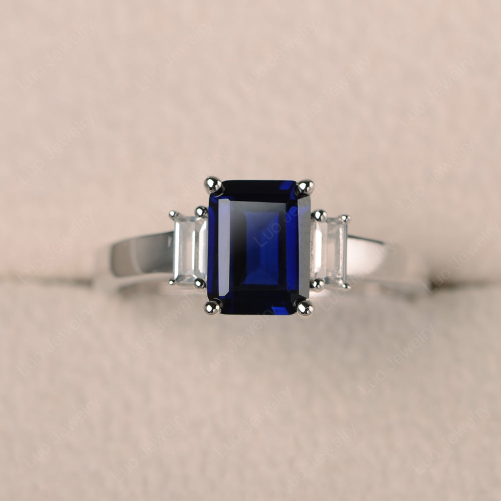 Emerald Cut Lab Sapphire Ring With Baguette - LUO Jewelry