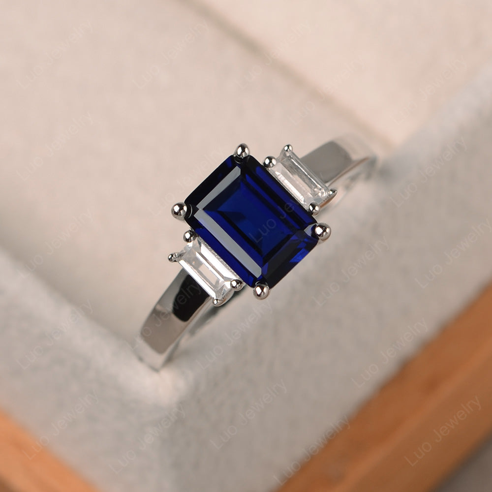 Emerald Cut Lab Sapphire Ring With Baguette - LUO Jewelry