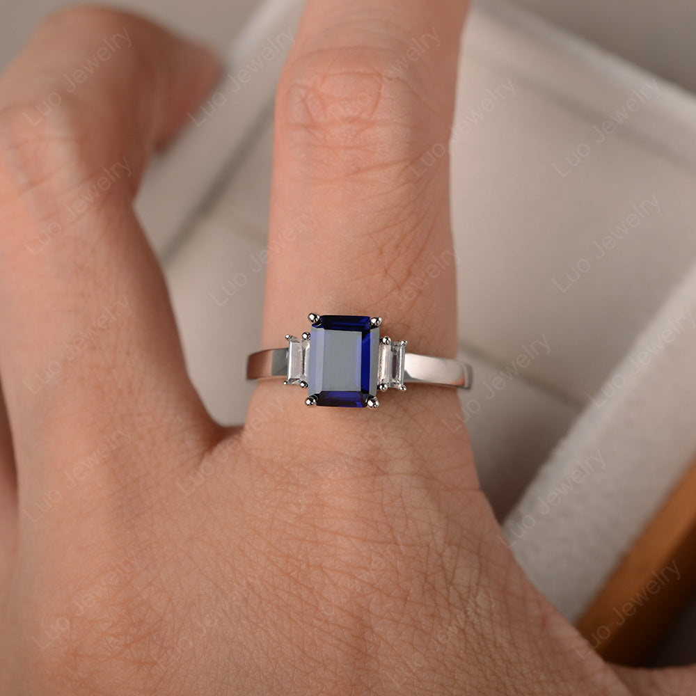 Emerald Cut Lab Sapphire Ring With Baguette - LUO Jewelry