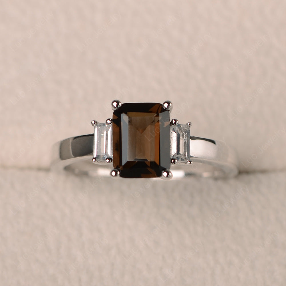 Emerald Cut Smoky Quartz  Ring With Baguette - LUO Jewelry