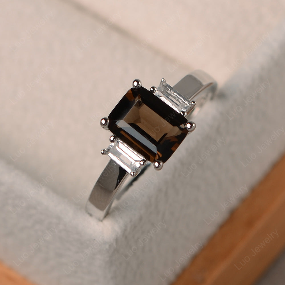 Emerald Cut Smoky Quartz  Ring With Baguette - LUO Jewelry