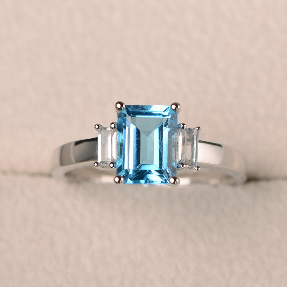 Emerald Cut Swiss Blue Topaz Ring With Baguette - LUO Jewelry