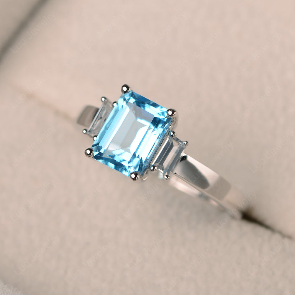 Emerald Cut Swiss Blue Topaz Ring With Baguette - LUO Jewelry
