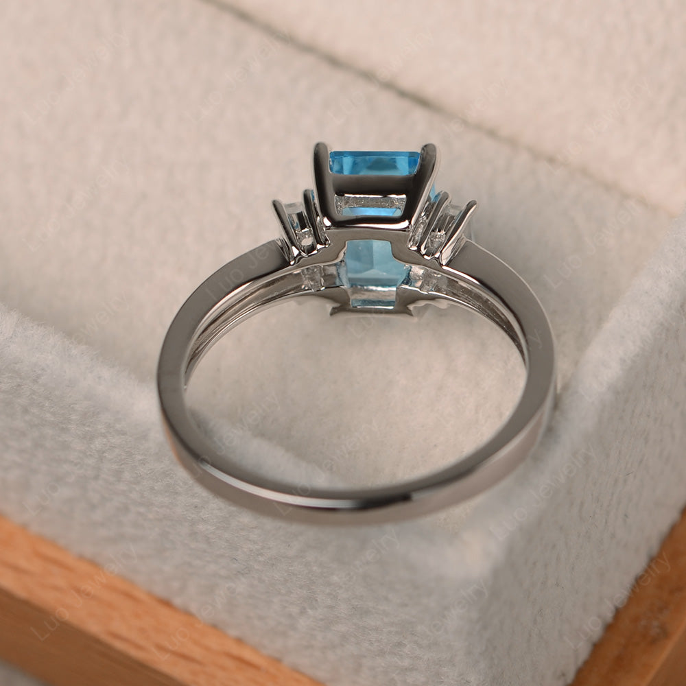 Emerald Cut Swiss Blue Topaz Ring With Baguette - LUO Jewelry