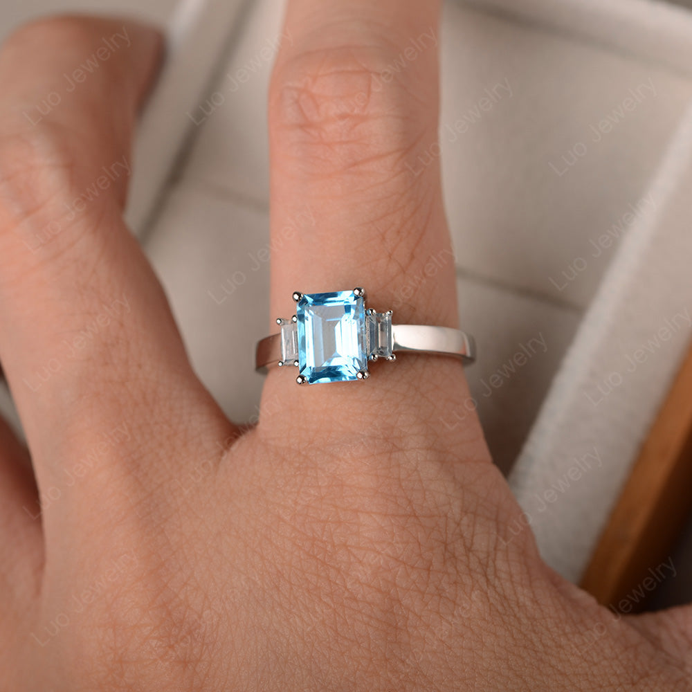 Emerald Cut Swiss Blue Topaz Ring With Baguette - LUO Jewelry