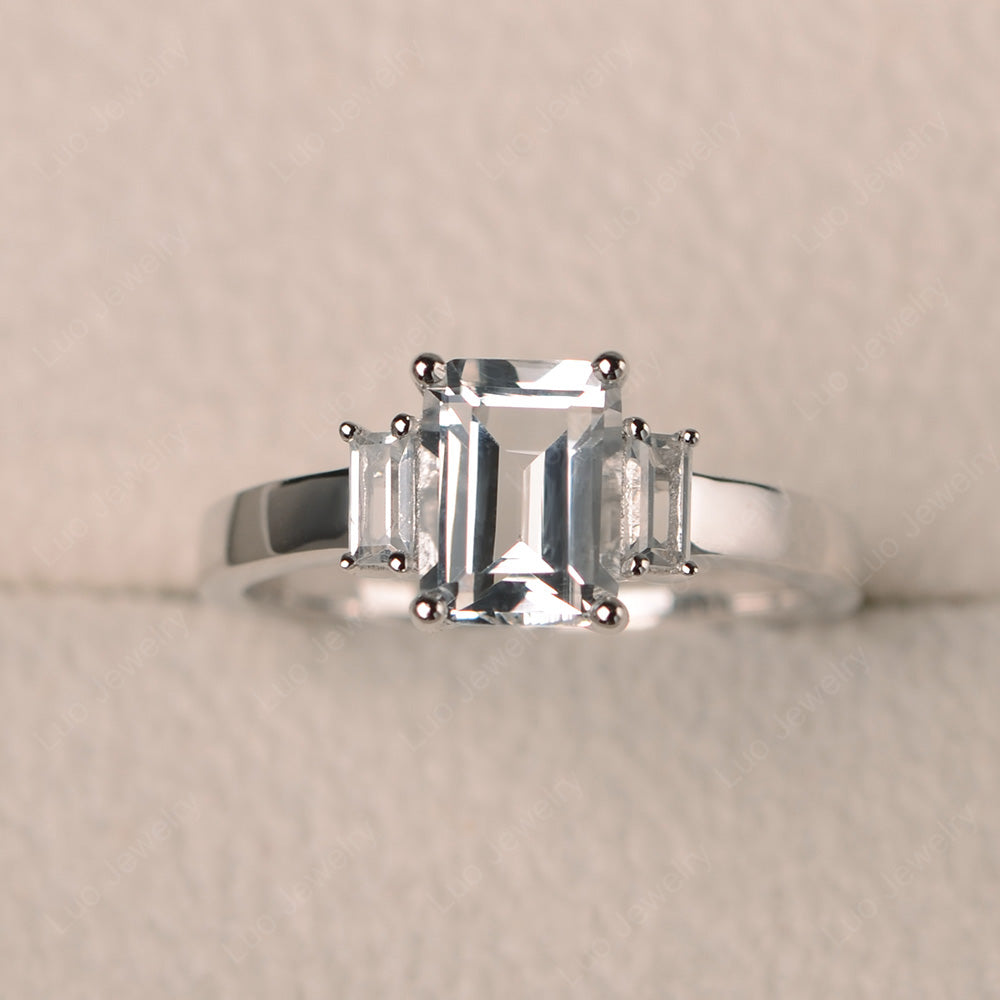 Emerald Cut White Topaz Ring With Baguette - LUO Jewelry