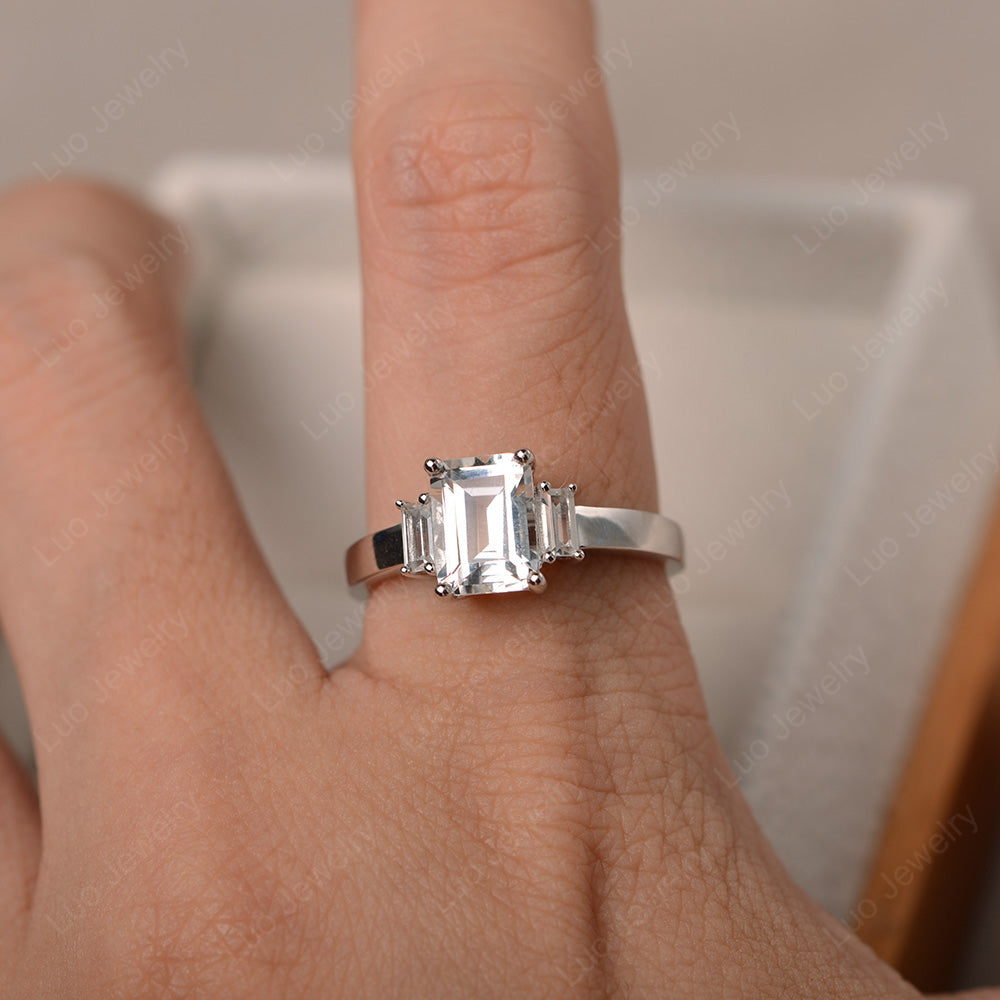 Emerald Cut White Topaz Ring With Baguette - LUO Jewelry