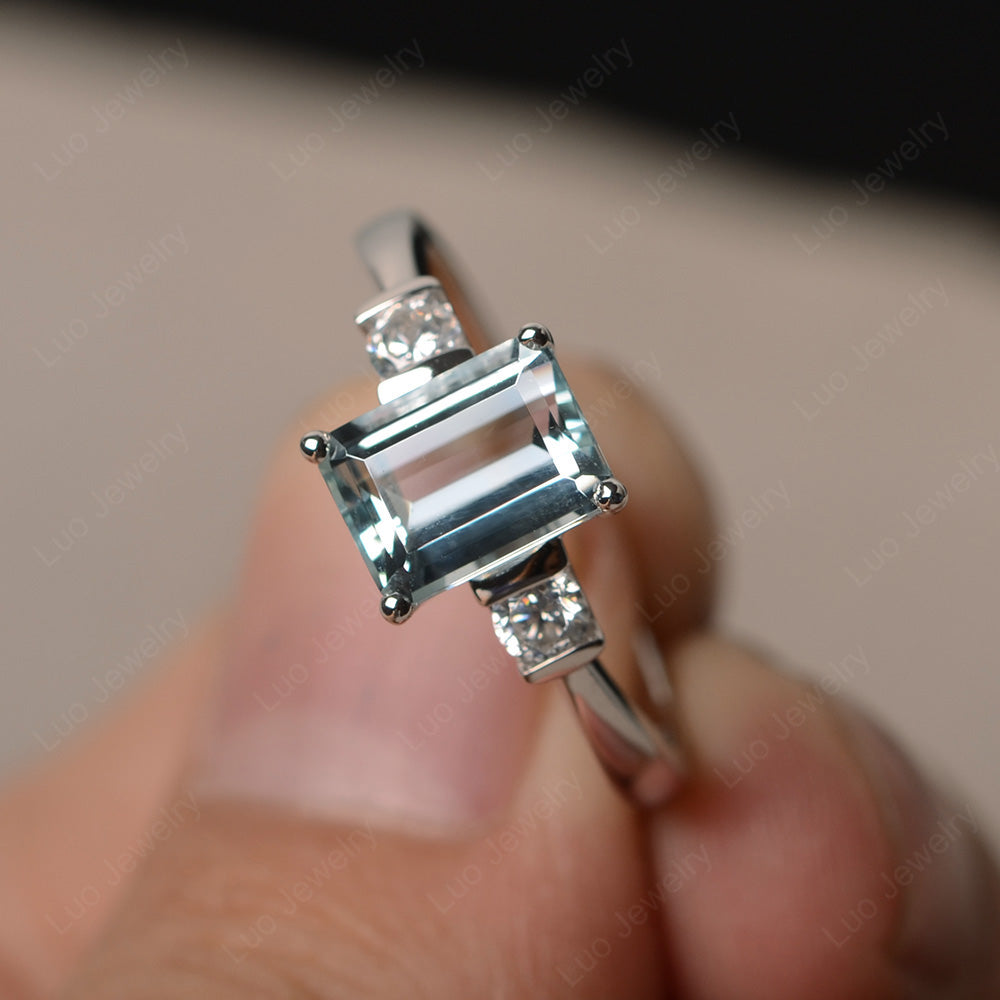 Emerald Cut Aquamarine Wedding Ring Rose Gold - LUO Jewelry