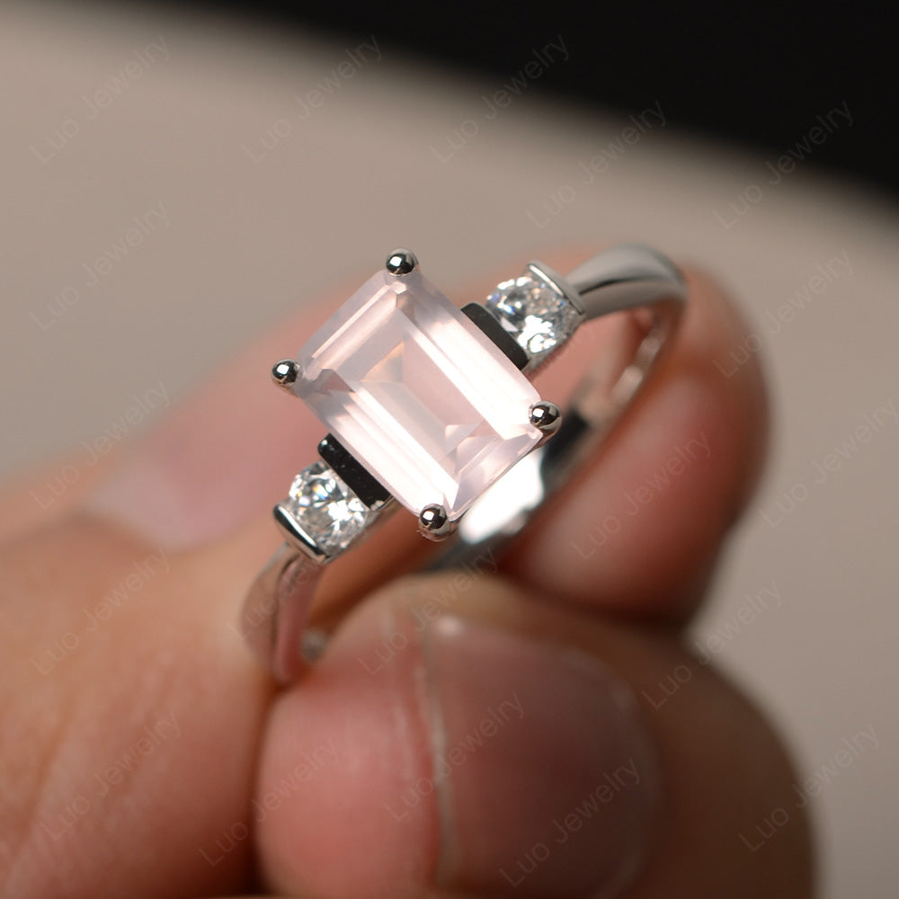 Emerald Cut Rose Quartz Wedding Ring Rose Gold - LUO Jewelry