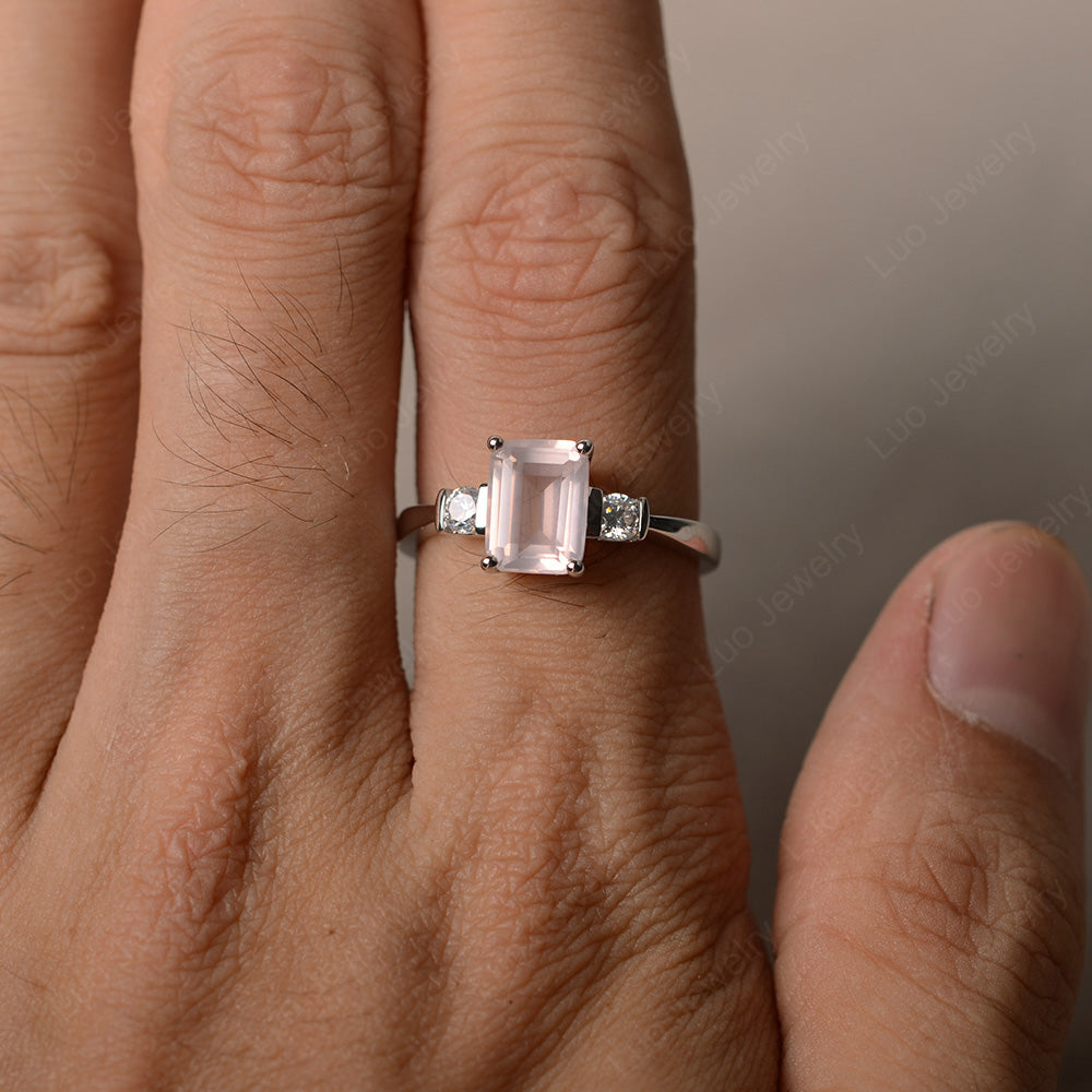 Emerald Cut Rose Quartz Wedding Ring Rose Gold - LUO Jewelry