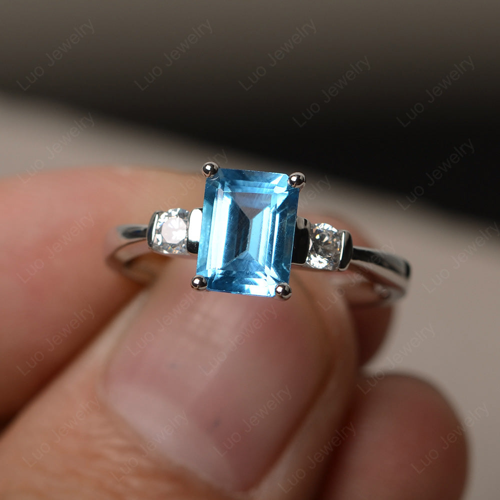 Emerald Cut Swiss Blue Topaz Wedding Ring Rose Gold - LUO Jewelry