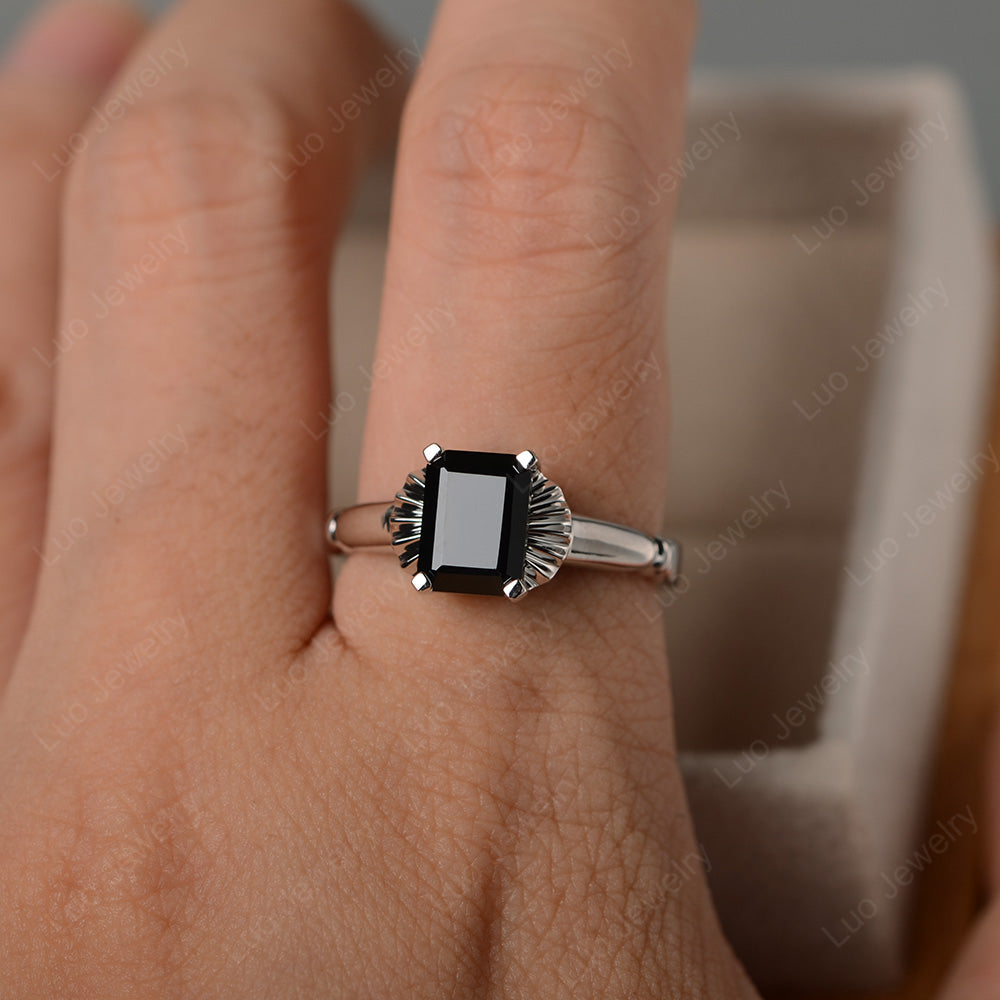 Vintage Emerald Cut Black Spinel Solitaire Ring - LUO Jewelry