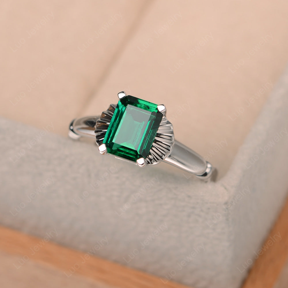 Vintage Emerald Cut Lab Emerald Solitaire Ring - LUO Jewelry