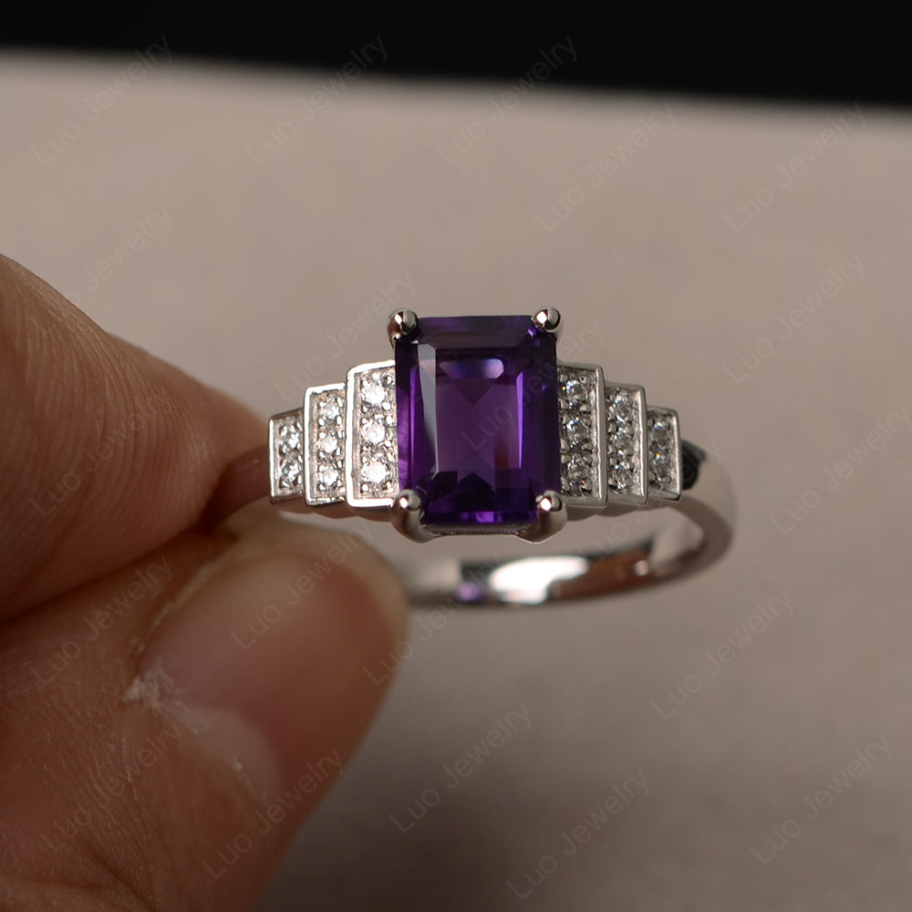 Emerald Cut Amethyst Promise Ring Silver - LUO Jewelry