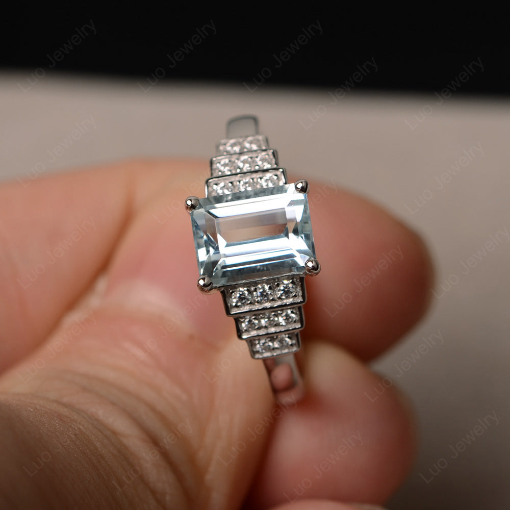 Emerald Cut Aquamarine Promise Ring Silver - LUO Jewelry