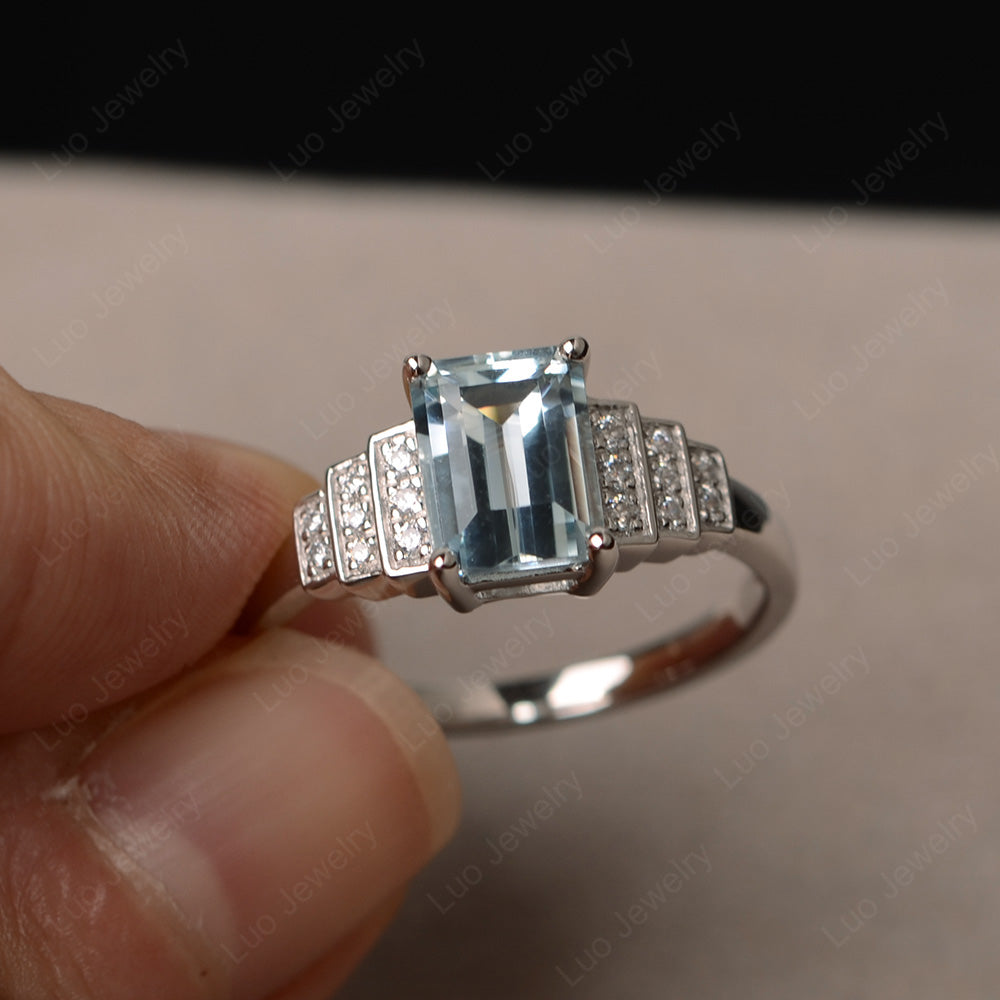 Emerald Cut Aquamarine Promise Ring Silver - LUO Jewelry