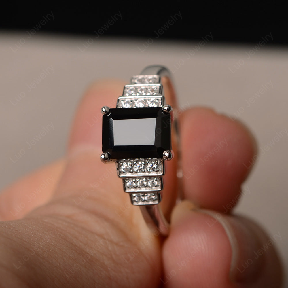 Emerald Cut Black Spinel Promise Ring Silver - LUO Jewelry
