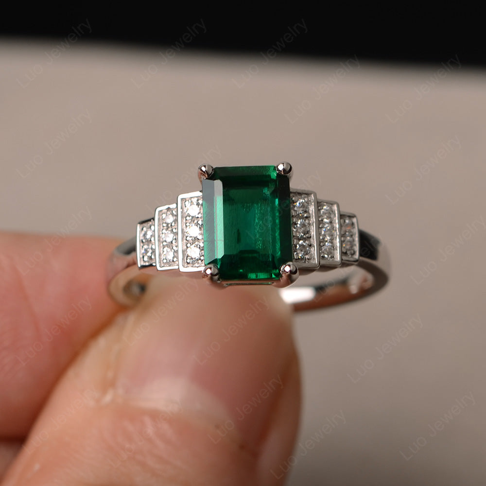 Emerald Cut Lab Emerald Promise Ring Silver - LUO Jewelry