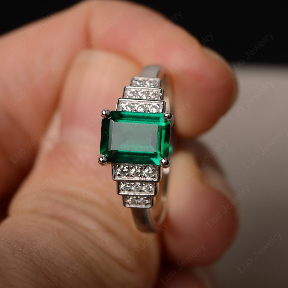 Emerald Cut Lab Emerald Promise Ring Silver - LUO Jewelry