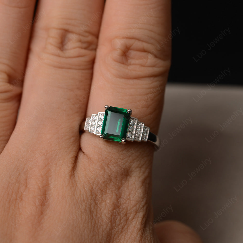 Emerald Cut Lab Emerald Promise Ring Silver - LUO Jewelry