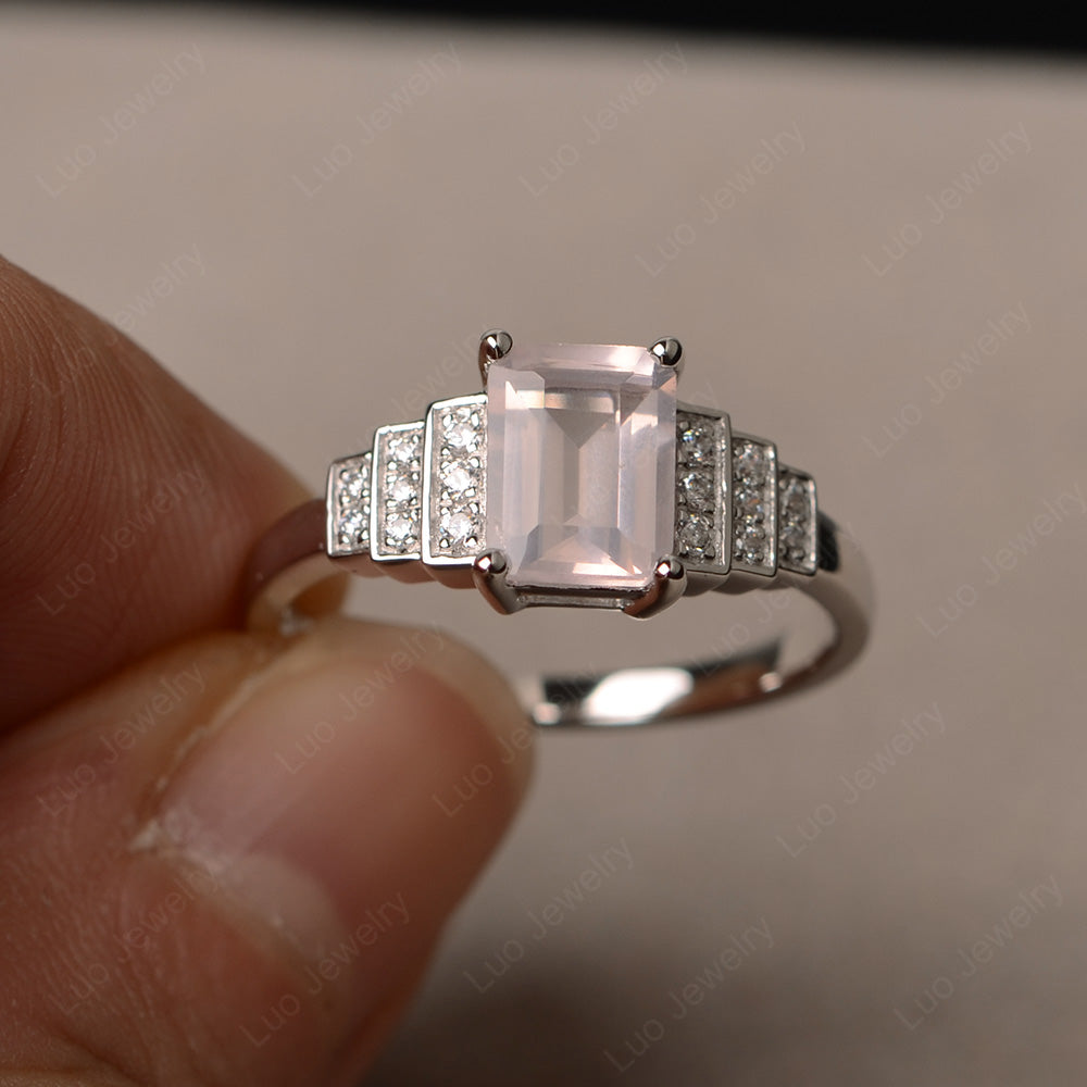 Emerald Cut Rose Quartz Promise Ring Silver - LUO Jewelry